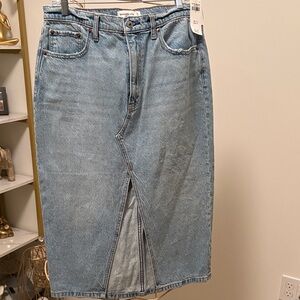 Abercrombie & Fitch Washed Blue Denim Midi Skirt with Front Slit